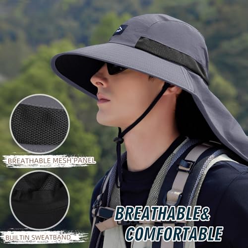 Image of Rosoz Outdoor Sun Hat for Men Women, UPF50+ Protection Safari Cap Wide Brim Mesh Fishing Hat with Neck Flap Beach Garden