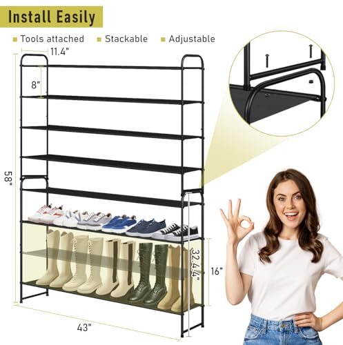 MISSLO 4 Tier Long Shoe Organizer for Closet Shoe Rack for Bedroom Closet Floor Shoe Shelf for Entryway Storage Stackable Wide Shoe Shelf Stores 30 Pairs of Men Sneakers, Black - Thumbnail 5