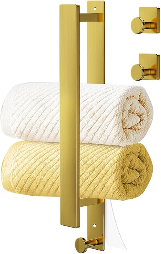 Towel Rack 304 Stainless Steel Towel Holder Self Adhesive Towel Rod Bathroom with 2-Pieces Hook for Bathroom and Kitchen Hardware Brushed Gold Bathroom Accessory Kit No Drilling (15.5 INches-Gold)