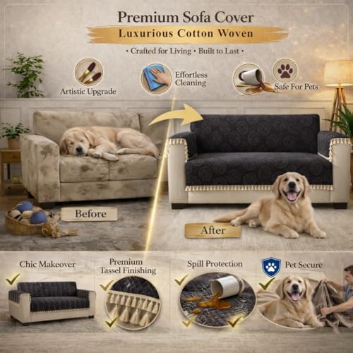 Image of STITCHNEST Woven Fabric Sofa Cover 3 Seater with 2 Hand Rest Covers - Washable Black Sofa Cover with Tassels - Durable Premium Fabric - Stylish Sofa Protector for Living Room & Furniture Decor