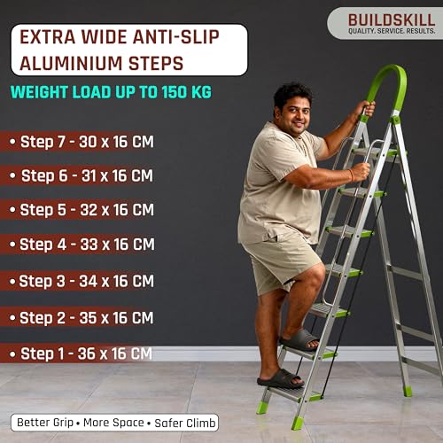 Image of BUILDSKILL Aluminium Ladder for Home 7 Steps | 36x16cm Wide Anti-Slip Aluminium Steps | Stainless Steel Body | Handrails | Load 150 Kg | Foldable Lightweight 8.15KG Ladder for Kitchen, Office & Home