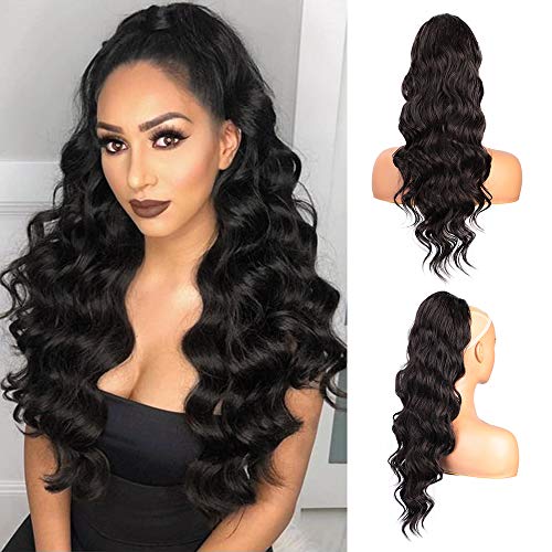 Earfodo Long Wavy Ponytail Extension Natural Black Drawstring Ponytail Extension for Women 24 inch Synthetic Hair Pieces (2#)