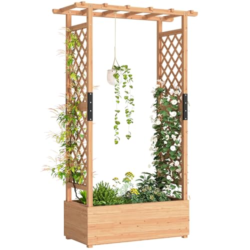 Image of Outsunny Garden Planter with Trellis, Wooden Raised Bed for Garden with Hanging Roof and Drainage Holes, Outdoor Trellis Planter Box for Vegetables, Herbs and Flowers, 110 x 44 x 181 cm, Natural
