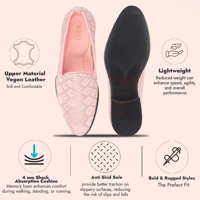 Image of FAUSTO Men Embroidered Sequin Ethnic Slip-On Juttis and Mojaris with Memory Cushioned Insole | Traditional Party Loafer Kurta Shoes for Wedding, Reception