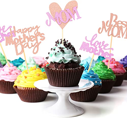 Cotiny 56 Pieces Mother's Day Cupcake Topper Glitter Happy Mother's Day Cake Decoration For Best Mom Love Mother Theme Party Supplies(4 Styles) #TOP6