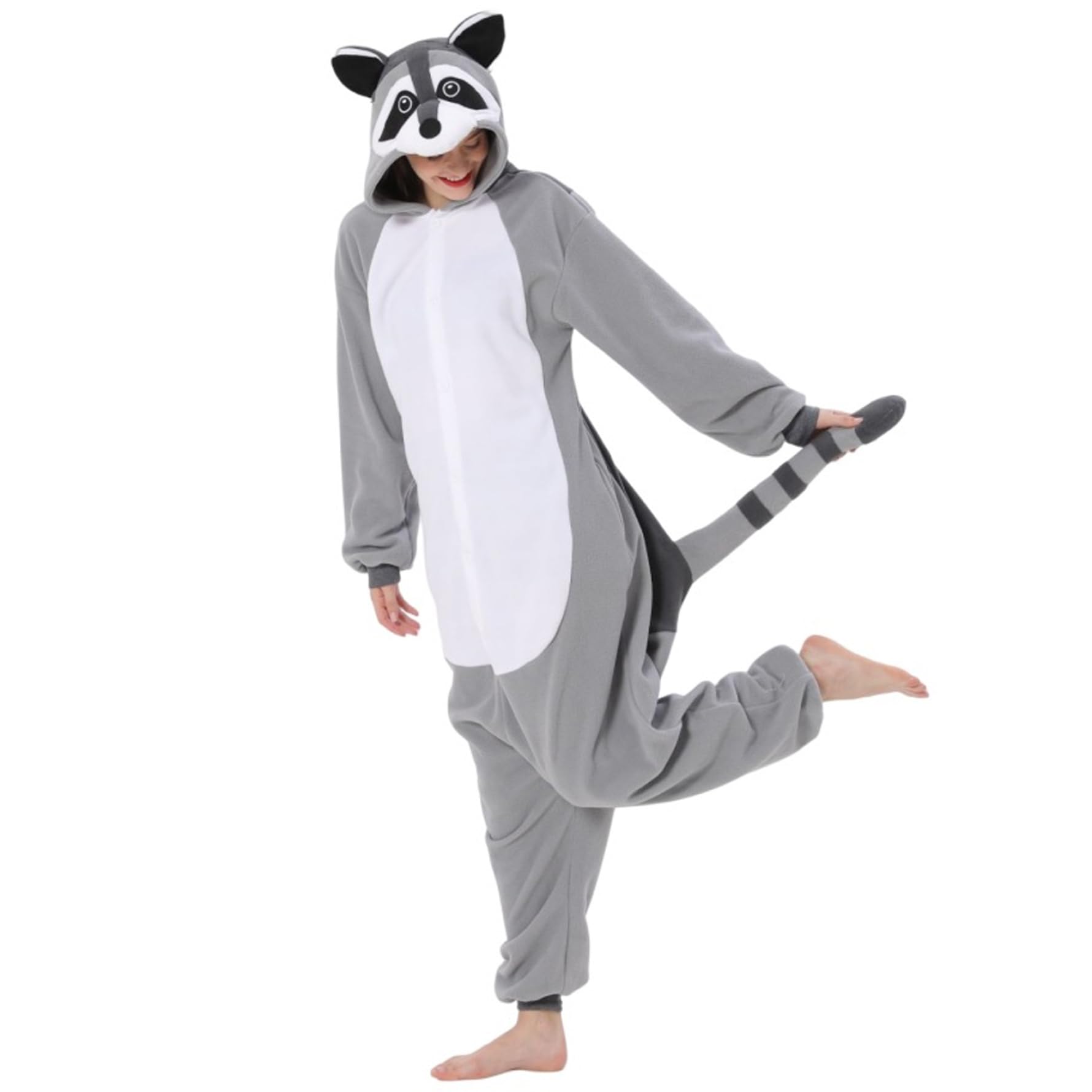 Mono de Mapache para Adulto Pijama de Mapache con Capucha y Cola Mono de Animal de Forro Polar con Cierre de botón Disfraz Lindo y térmico para Navidad, Halloween...