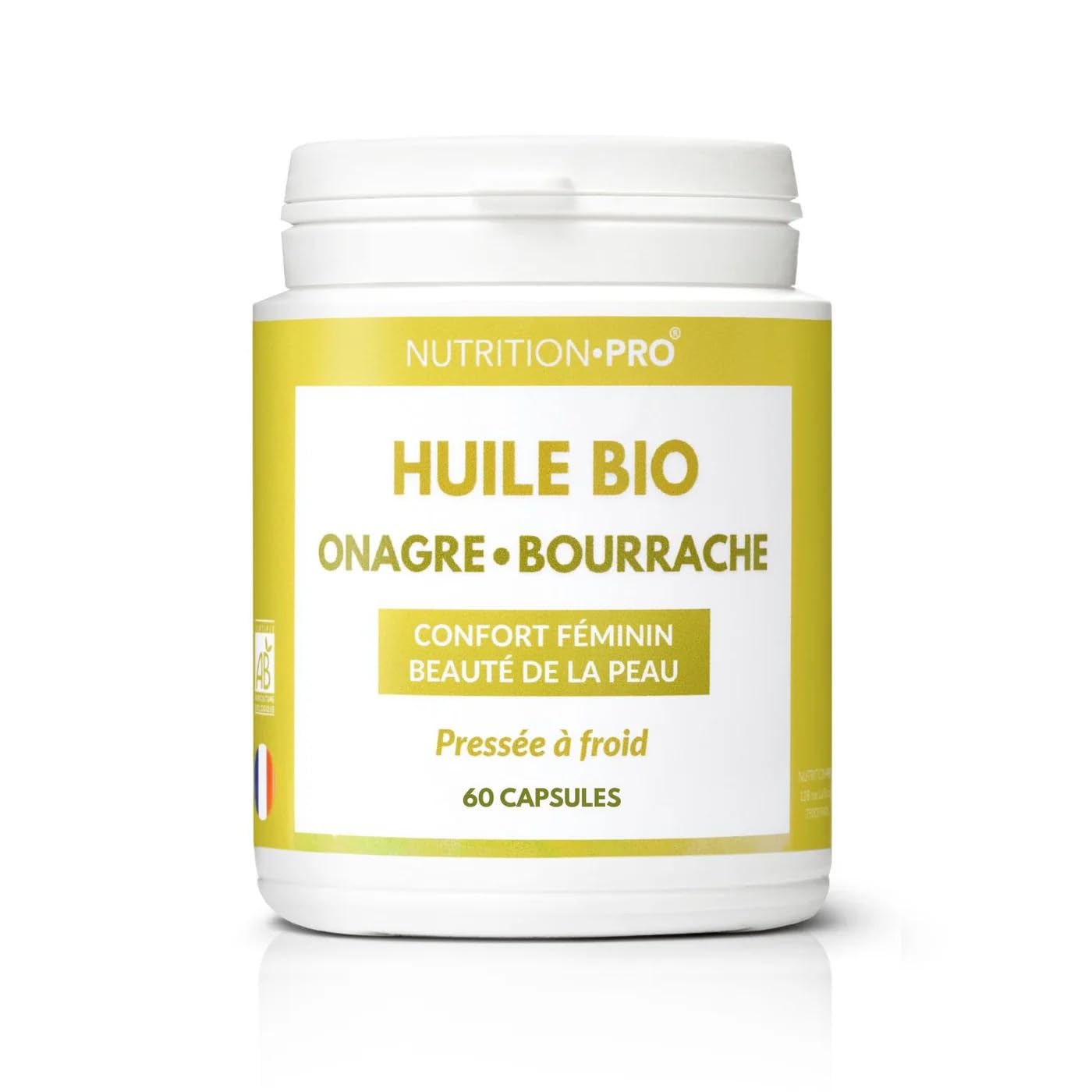 Huile d'onagre/bourrache bio - 60 capsules | Confort féminin | Beauté de la peau | Pressée à froid | Santé/immunité | Bio/Ecocert | Fabriquée en France | Nutrition pro
