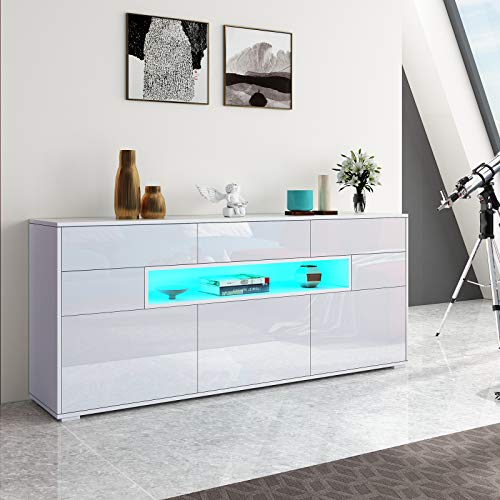Senvoziii Sideboard Kommode 3 Türen 5 Schubladen mit LED Vitrine...