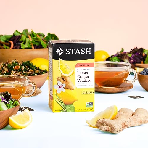 Image of Stash Tea Lemon Ginger Vitality Herbal Tea - Naturally Caffeine Free, Non-GMO Project Verified Premium Tea with No Artificial Ingredients, 20 Count (Pack of 6) - 120 Bags Total