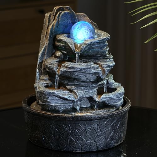 BTGGG Indoor Fountains with Rolling Ball LED Light Indoor Water Features 20.5 * 20.5 * 25CM Desktop Waterfall Fountain for Relaxation, 3 Pin UK Plug Included