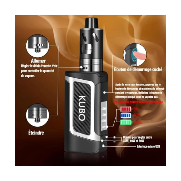 KUBO LZ80W Kit de Cigarette Électronique – Vape Ajustable 80W, Écran LED, Batterie 2000mAh, Atomiseur Antifuite 0.5Ω/2ml – Certifié TPD/CE/RoHS (Sans E-liquide, Sans Nicotine, Noir)