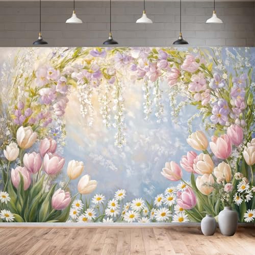 Wathon Spring Tulips Daisies Backdrop Watercolor Flower Arch Photo Backdrop Pastel Party Decorations Banner Birthday Photo Background Booth Studio Video Props 10X8FT