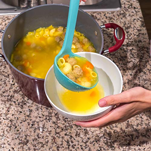 Culinary Couture Aqua Sky Silicone Cooking Utensils Set - Sturdy Steel Inner Core - Spatula, Mixing & Slotted Spoon, Ladle, Pasta Server, Drainer - Heat Resistant Kitchen Tools - Bonus Recipe Ebook #TOP5