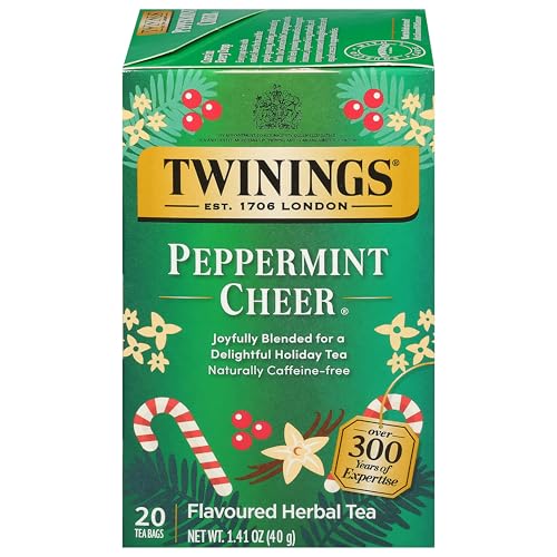 Twinings Peppermint Cheer Herbal Tea Individually Wrapped Bags, 20 Count (Pack of 1), Peppermint &amp; Vanilla, Naturally Caffeine-Free, Enjoy Hot or Iced, 20 Teabags