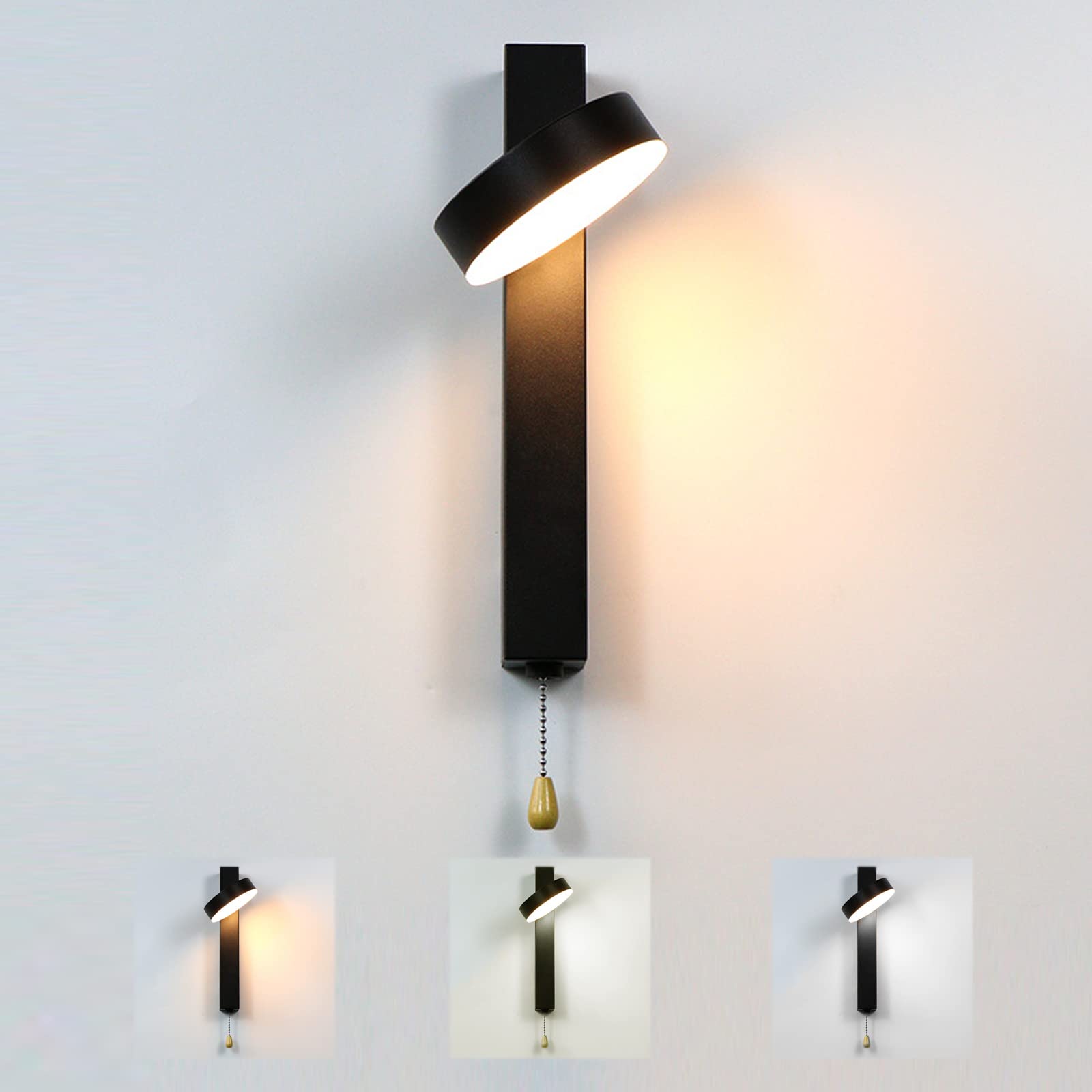 Wall Lamp Sconce Light Indoor with Pull Cord Switch LED Rotatable Bedside Reading Light 3 Colors Temp Adjustable for Bedroom Living Room,Black