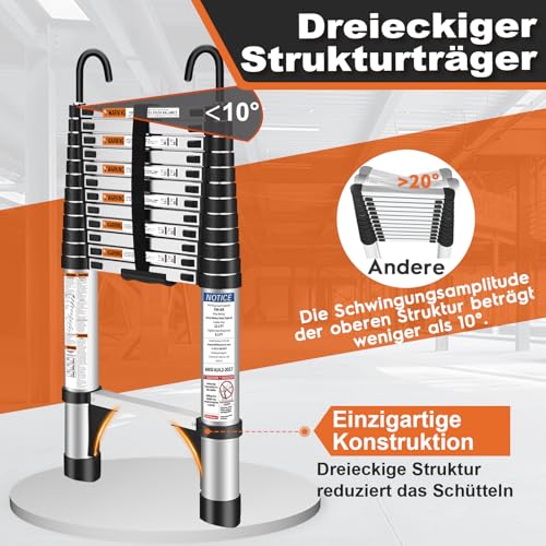 HBTower 3,8m Teleskopleiter Aluminium mit Haken, Leichte Ausziehleiter, Leiter Ausziehbar, klappbare Leiter für Dachböden, Caravans, 150kg Tragfähigkeit, Silber