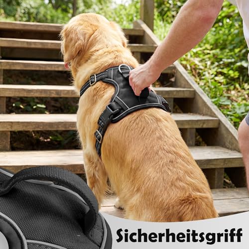 Funfox Hundegeschirr Mittelgroße Hunde, Anti Zug Brustgeschirr Verstellbares Geschirr Hund mit Griff Reflektorstreifen, No Pull Geschirr Hund für Kleine Mittlere Grosse Dog Harness Schwarz L