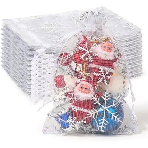 Hopttreely 100pcs Christmas Organza Bags, 4X6inch White Sheer Drawstring Organza Gift Bag Pouch Jewelry Party Christmas Favor Candy Bags Cover