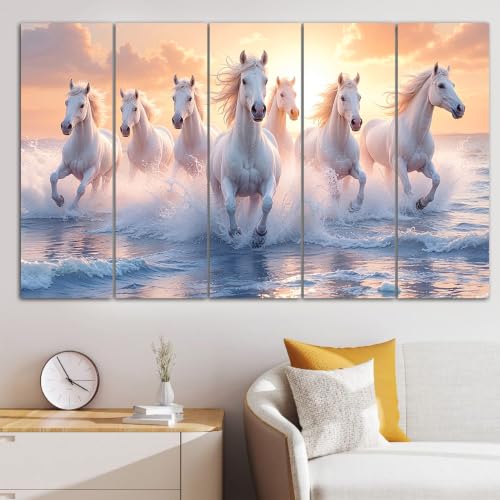 Image of Spacter White Horses Wall Painting for Living Room Big Size - 7 Running Horses Painting Vastu for Bedroom, Office, Hotel - Wall Decor Digital Painting Wooden Framed for Gifting (,30x60 Inch)