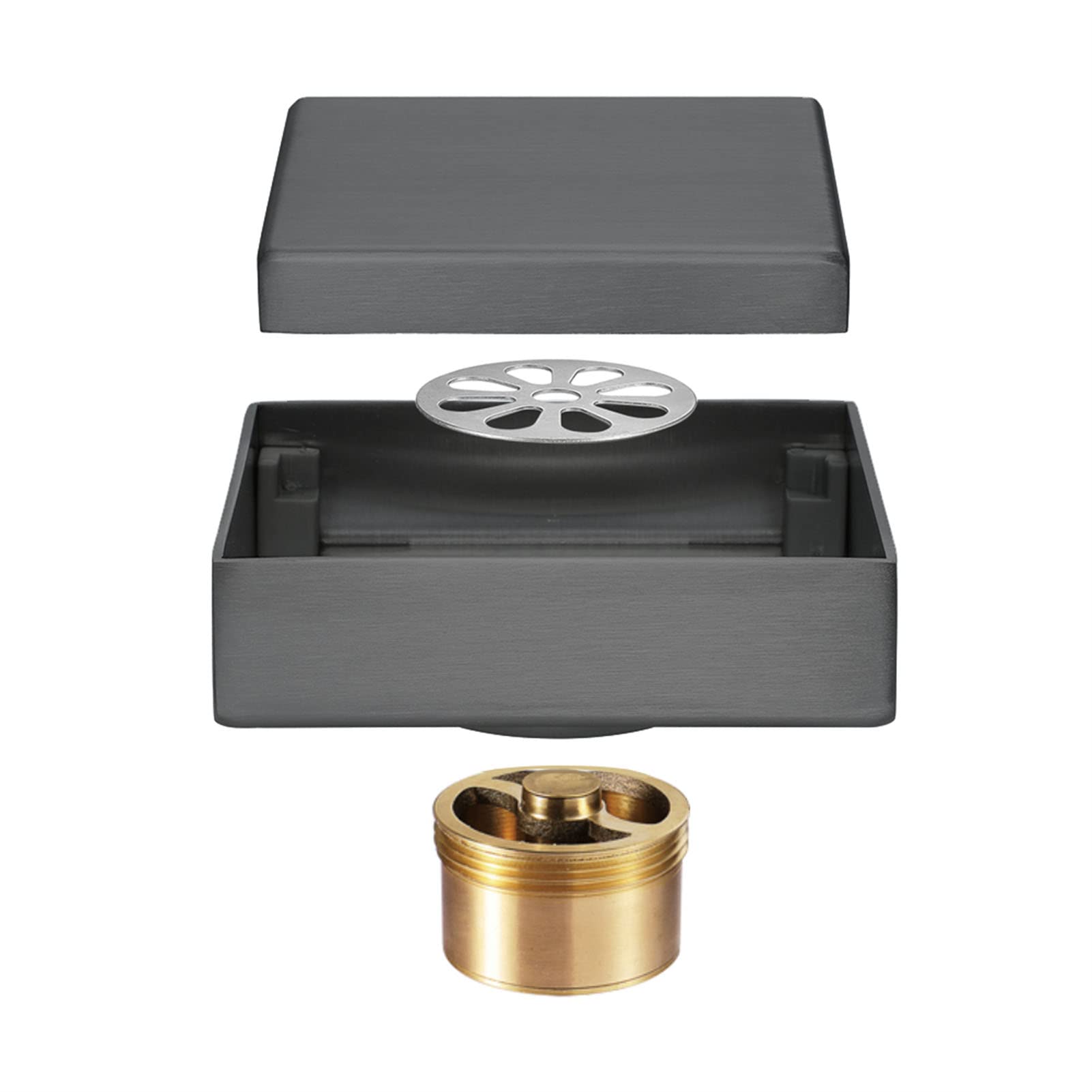 Scarico a pavimento per doccia in acciaio inox con raccogli capelli, quadrato, 1010 cm, ideale per bagno, cucina, garage, grigio pistola