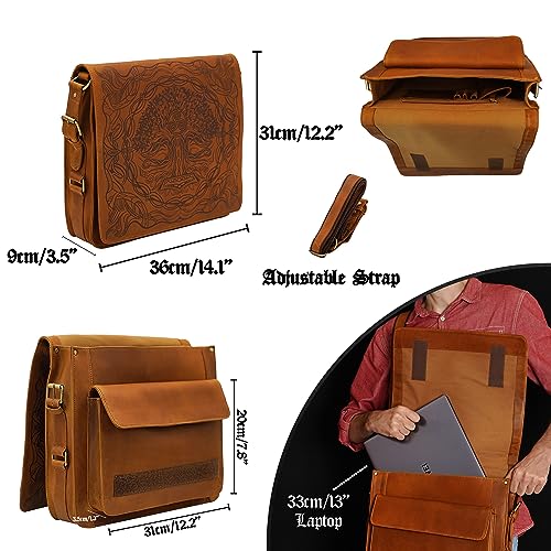 Mythrojan Leather Messenger Bag Laptop Shoulder Statchel Bag for Men Women Medieval Genuine Leather Messenger Crossbody Briefcase Bag for Office, Work - 14.1 inch, Brown3