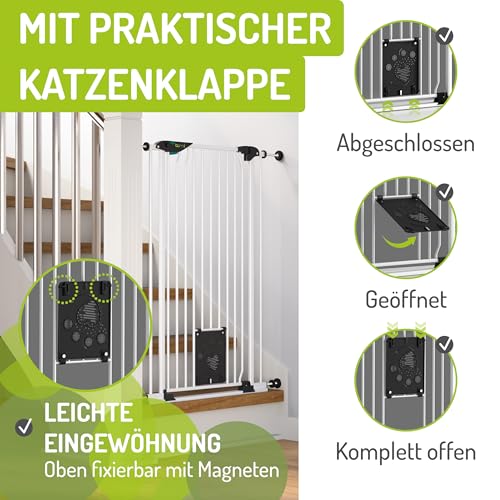 BOMI Tierschutzgitter Mira | Türschutzgitter mit Katzenklappe | Ideales Absperrgitter Hund, Katzengitter Tür & Welpen Zubehör | Hundegitter Wohnung weiß Metall | Breite: 73-83 cm