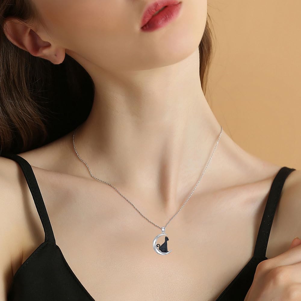Sonouli Diamond Black Cat Moon Necklace Sterling Silver Black Cat Pendant Necklace Gift for Women