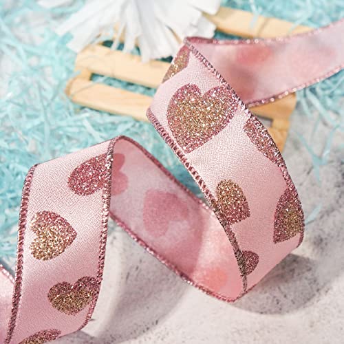 Ct Craft Llc Rose Pink Satin With Glitter Heart Wired Ribbon For Craft Packing, Gift Wrapping, Diy Craft, Valentine's Day Decoration- 1.5" X 20 Yards X 1Roll #TOP5
