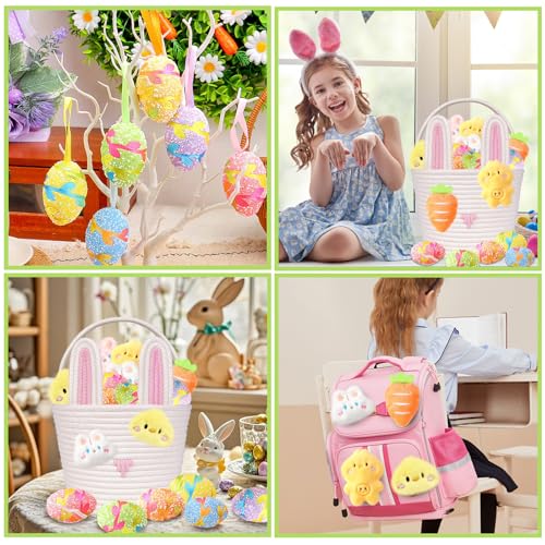 Image of Large Easter Basket for Kids Woven Easter Bunny Basket with Rabbit Ears, Bunny Egg Hunting Bag with Cute Rabbit Chicken Carrot Plush Decorations for Girls Boys Spring Presents