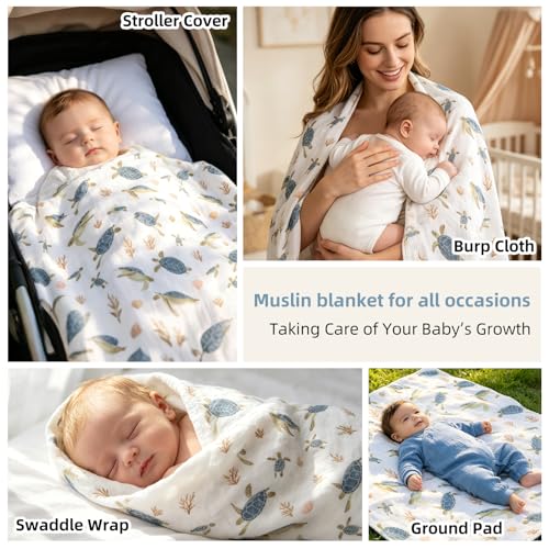 Image of LifeTree Baby Swaddle Blankets, Boys Girls Muslin Swaddling Wrap Receiving Blanket for Newborn, 70% Viscose from Bamboo and 30% Cotton, Large 47 inch x 47 inch, Sea Turtle and Blue Checkered