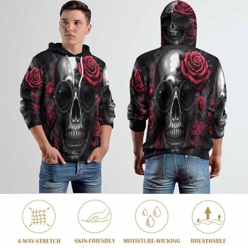 Sweat à capuche 3D horreur roses crânes pull Harajuku unisexe - 5