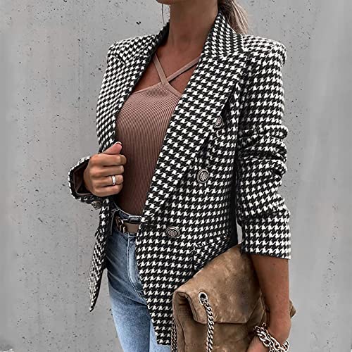 Women Elegant Open Front Houndstooth Blazer Casual Lapel Button Pockets Blazers Coats Work Office Jacket Outerwear Black #TOP4