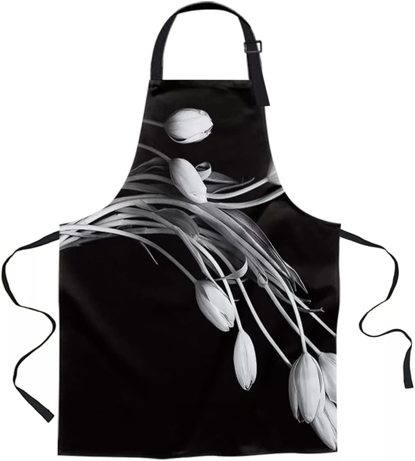 Flower White Black Printed Kitchen Cooking Baking Aprons Canvas Sleeveless for Women Man Kids Home