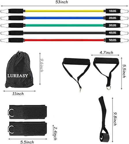 Miniatura 4 de Juego de bandas de resistencia (11 piezas) accesorios portátiles para gimnasio en casa, apilables hasta 150 libras, ejercicio con anclaje de puerta,
