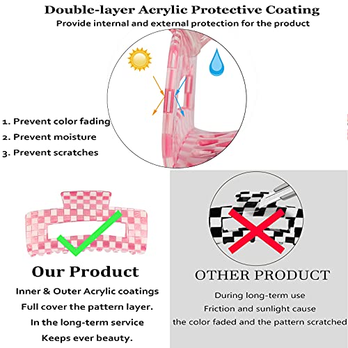 Checkered Hair Clip, Checkered Claw Clip, Large Hair Claw Clips For Thick Hair, 2Pcs Hair Clips For Women, Rectangle Claw Clip, 4 Inch Big Hair Clips Y2K Fashion, 90S Accessories For Women, Pink + Green Checkerboard Claw Hair Clips #TOP4