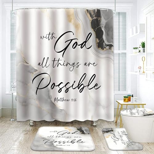 RLHHUG Marble Bathroom Sets with Rugs for Bathroom Decor, 72x72 Inches Gold Shower Curtain with Non-Slip Rugs and Accessories, Waterproof Machine Washable Bath (Curtain Set-Marble Bible)