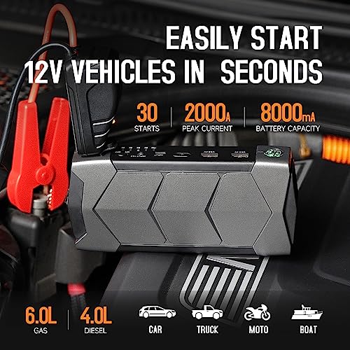Portable Car Jump Starter,2000A Battery Jump Starter(Up To 6.0L Gas 4.0L Diesel Engine)12V Car Battery Charge Jump Starte With Usb Fast Charging,Emergency Warning/Led Light And Compass #TOP1