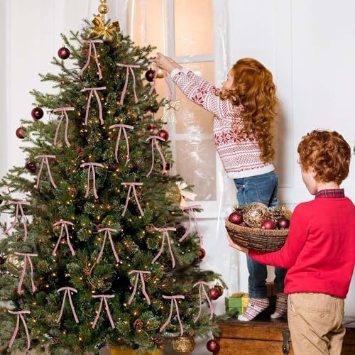 Image of 24 PCS Velvet Bows Christmas Ornaments Decorations, Sparkly Glittery Pink Velvet Bows Ornaments for Christmas Tree, Unique Elegant Xmas Home Holiday Decor for Tree Mantle Wreath Gift Wrap