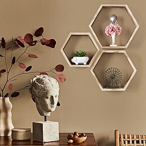 Sehertiwy Hexagonal Floating Shelves Wall Mounted Set Of 3 Wood Farmhouse Storage Honeycomb Wall Shelf For Bathroom, Kitchen, Bedroom, Living Room, Office,Driftwood Finish #TOP3
