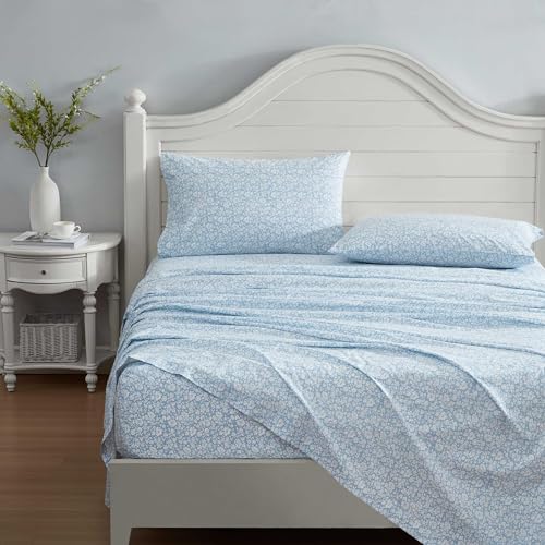 Image of Laura Ashley - Queen Size Sheet Set, Crisp & Lightweight Cotton Percale Bedding with Fitted Sheet and Pillowcases, Floral Room Decor, Deep Pocket, College Dorm Room Essentials (Heirloom Ditzy Blue)