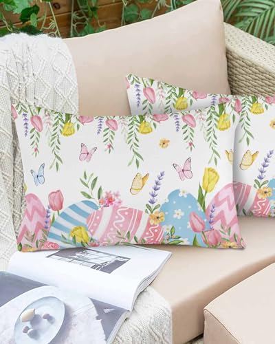 Boanket Lumbar Pillow Covers 12 x 20 in, Spring Easter Waterproof Throw Pillow Cover Set of 2, Floral Botanical Easter Eggs Home Decorative Rectangle Cushion Covers for Patio/Tent/Couch/Garden