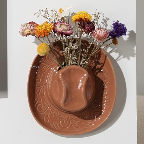 Image of Hanging Wall Planters for Indoor Plants, Wall Vases for Flowers, Ceramic Cowboy Hat Vases for Decor, for Bathroom, Living Room, Office, and Home Decor. Brown