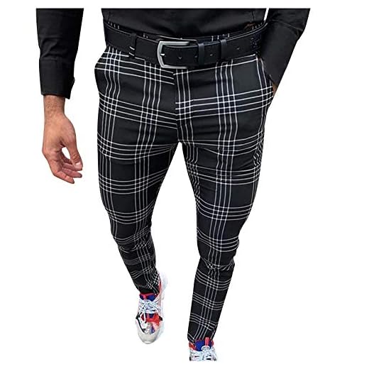 Pantalon business décontracté à carreaux pour homme - Avec poches - Taille L - Noir