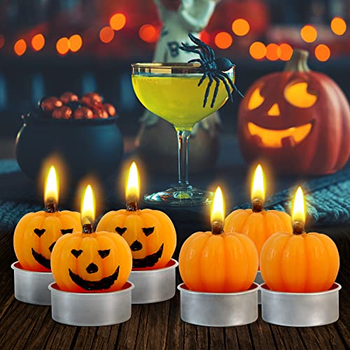 6 Packs Halloween Pumpkin Tea Lights Candles, Halloween Pumpkin Candles, Real Flaming Pumpkin Candles For Fall Thanksgiving Table Decoration Home Halloween Indoor Party Decor（1.6 Inch X 2 Inch #TOP17