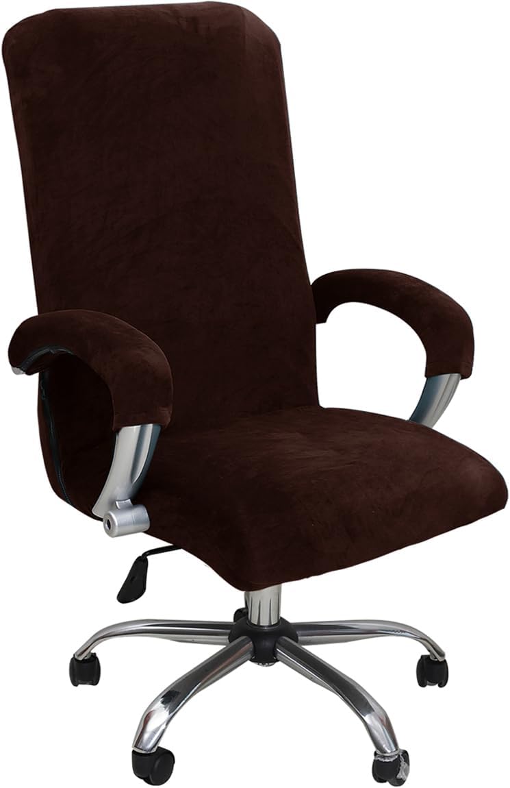 Velvet Office Chair Cover Stretch Computer Desk Chair Slipcover High Back Computer Office Chair Cover with Arm Covers Universal Boss Swivel Chair Covers Rotating Chair Slipcover (Navy, Medium)