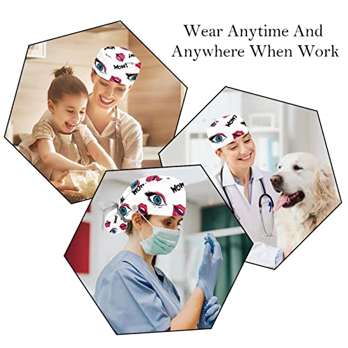 Image of 2 Pcs Working Cap with Button Sweatband Adjustable Bouffant Scrub Caps Funny Eyes Lips Pattern Working Head Cover for Women