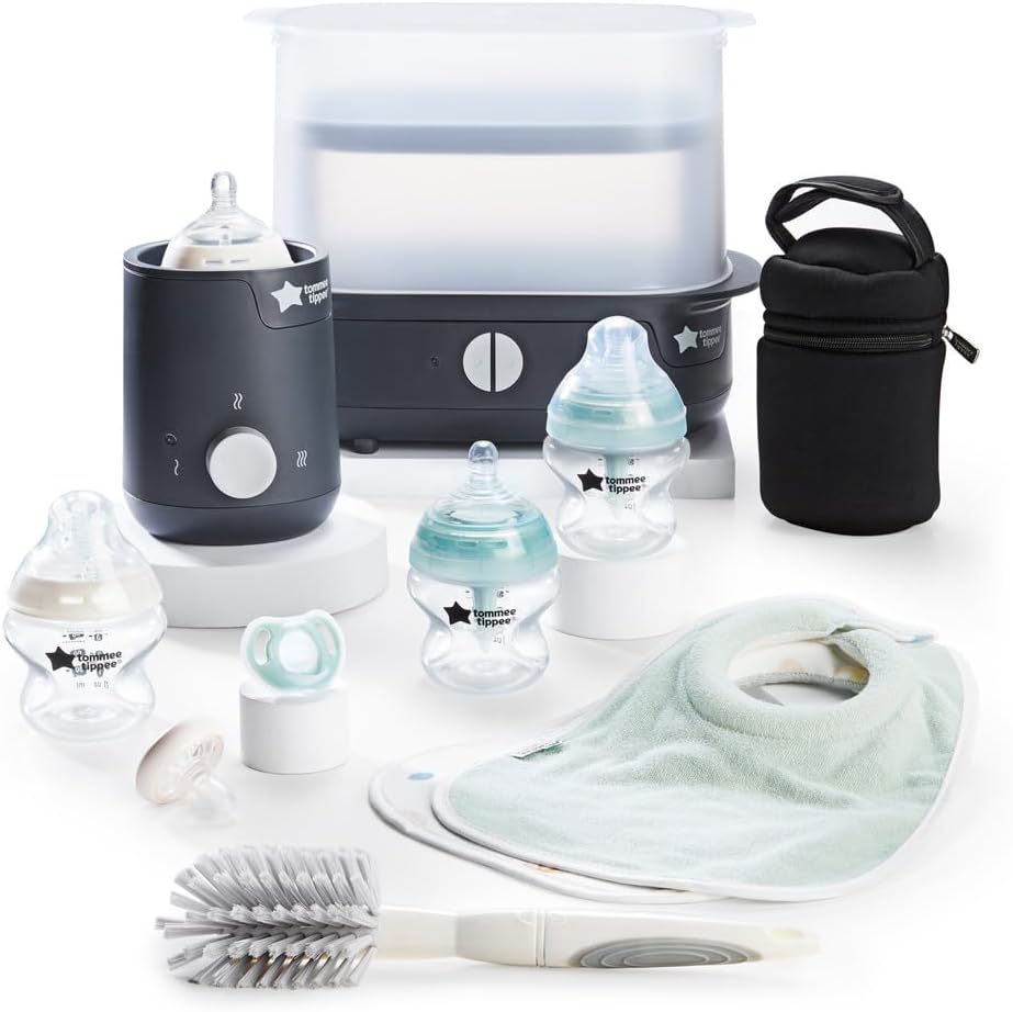 Tommee Tippee Complete Feeding Set, Black, with Electric Steam Steriliser, Newborn Self-Sterilising Baby Bottles and Easiwarm Bottle Warmer, Essential for Parents with Newborns