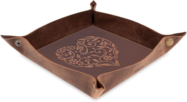 moonster® Leather Valet Tray Key Tray & Trinket Tray, Full Grain Leather Jewellery Organiser Tray Key Dish, Heart Embossed Decorative Vanity Tray Key Bowl for Hallways leather friend gifts for women