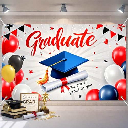 BlissYard Graduation Party Backdrop Congrats Red Blue Decorations 71 x 43 Inch