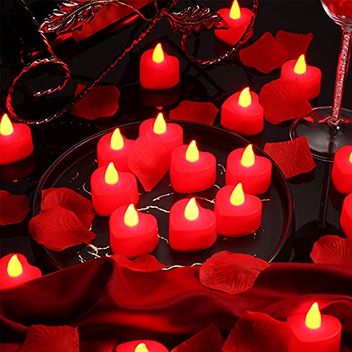Image of Honoson 1000 Pieces Artificial Red Rose Petals with 24 Pcs Flameless Heart Shaped LED Tealights Candles Special Romantic Night Decorations for Proposal Wedding Anniversary Table Decor